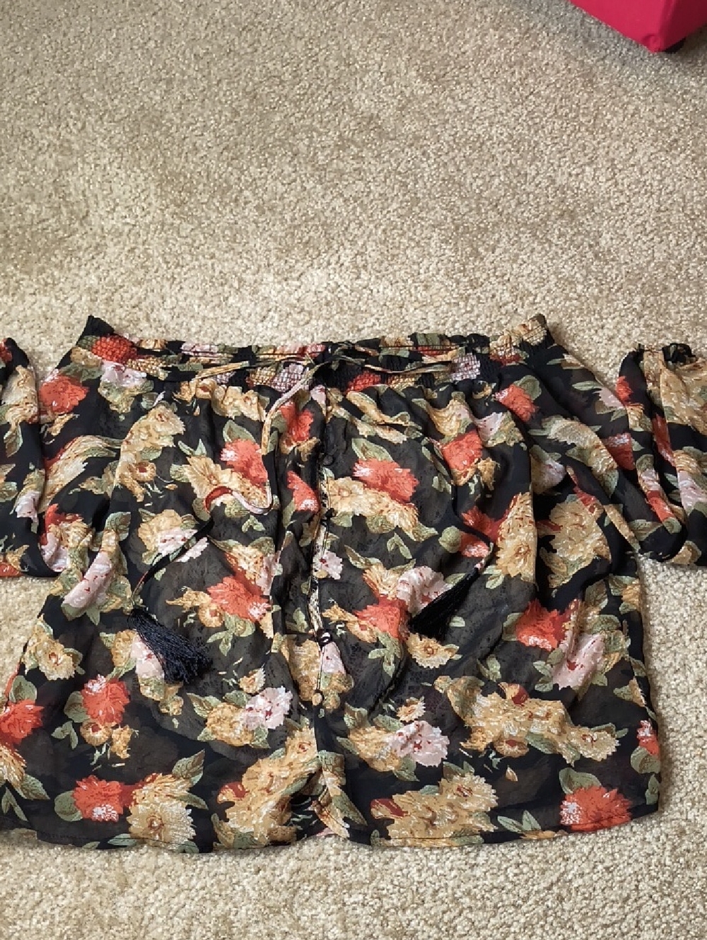 Miss Me Black Floral Off-Shoulder Top with Rust and Cream Accents Size S T35